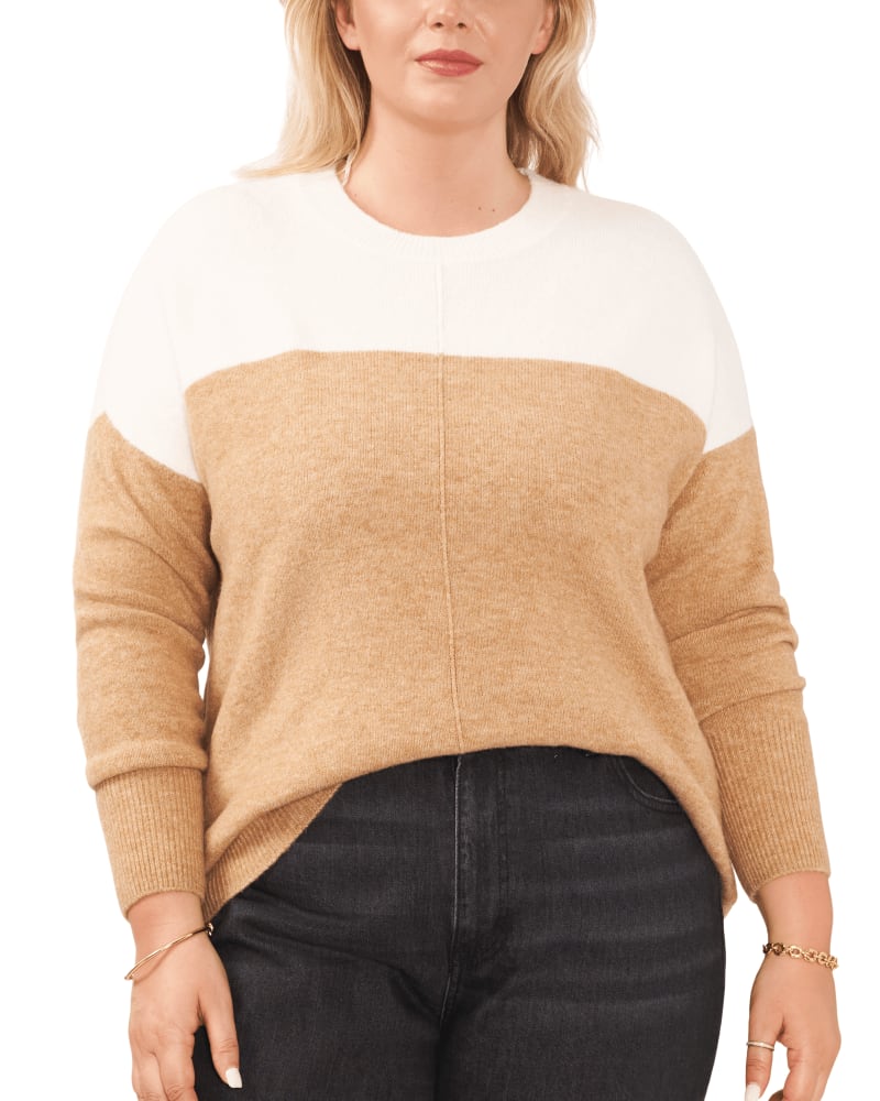 Front of a model wearing a size 1X Aria Colorblock Cozy Sweater in ANTIQ WHITE by Vince Camuto. | dia_product_style_image_id:260818